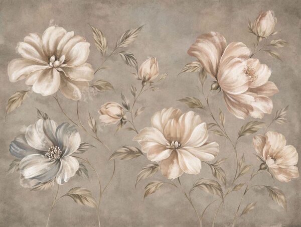 Carta da parati Grandi fiori color crema e beige con foglie, Carta da parati Floreale, w05958 : Uwalls.it