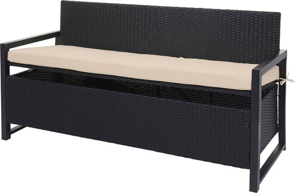 Panca da giardino Poly-Rattan, modello MCW-F39, con vano contenitore, lunghezza 164 cm, colore antracite, cuscini beige