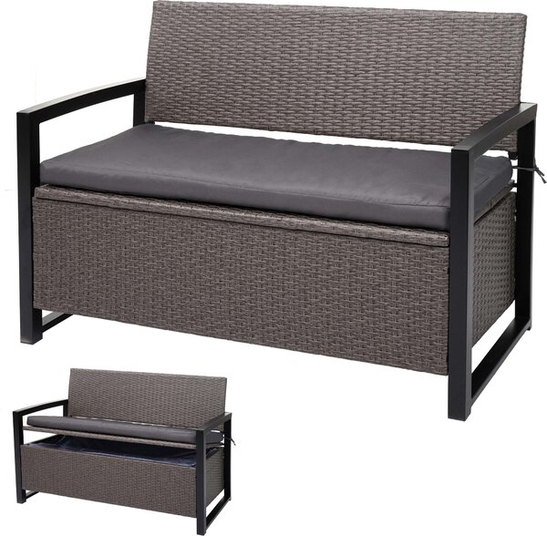 Panca da giardino in rattan sintetico, modello HWC-F39, con spazio contenitore, ideale per l'esterno, colore grigio marmorizzato, dimensioni 117 cm, cuscini grigi
