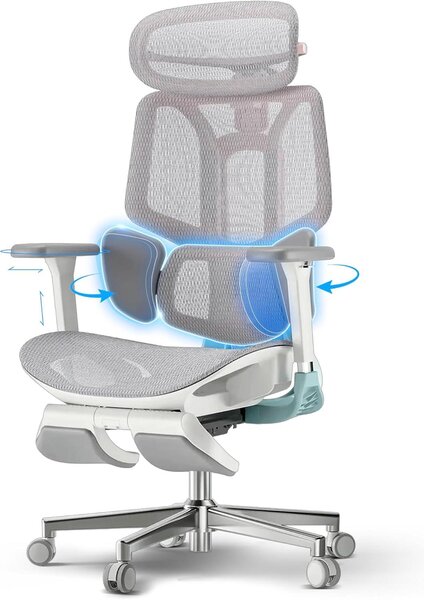 Sedia da ufficio ergonomica rosa, con supporto lombare a tre zone, poggiatesta regolabile, braccioli e poggiapiedi