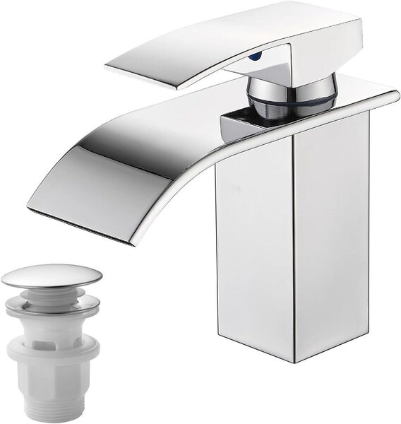 Rubinetto per lavabo in cromo con erogatore a cascata, miscelatore monocomando e kit di scarico per bagno e toilette