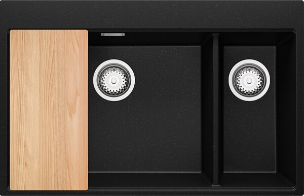 PRIMAGRAN, lavello da cucina nero metallizzato, 78x50 cm, in granito, con 2 vasche + kit di scarico + tagliere. Adatto per mobili da cucina a partire da 80 cm di larghezza - Modello Oslo Duo