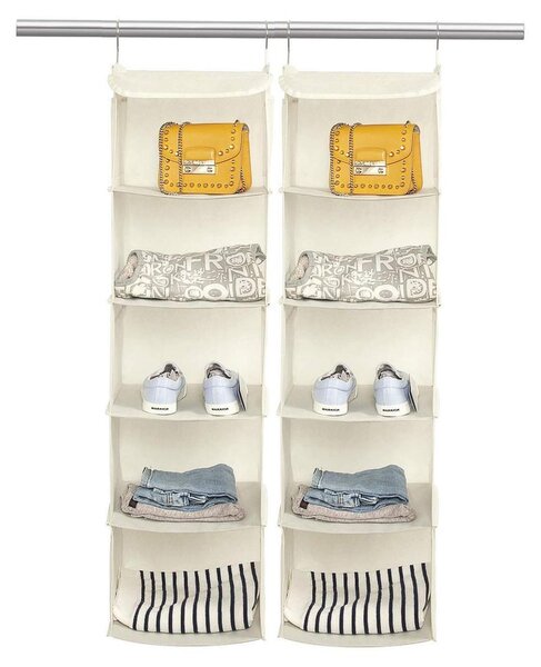 Organizzatore appendibile per armadi, organizer per guardaroba - Beige - 30 x 30 x 108 cm - Set da 2 con 5 scomparti e 3 tasche laterali