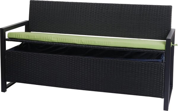 Panca da giardino Poly-Rattan, modello MCW-F39, con vano contenitore, lunghezza 164 cm, colore antracite, cuscini verdi