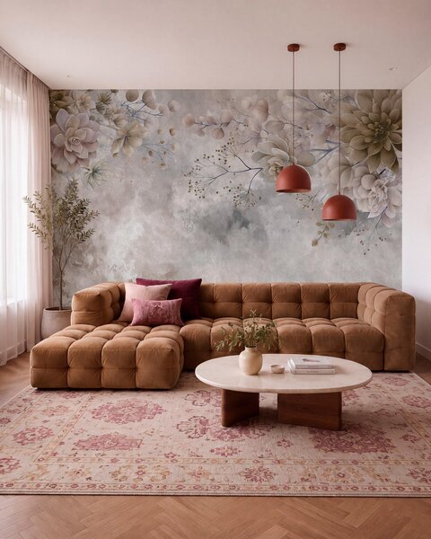 Carta da parati Fiori fantasiosi in stile retrò nell'immagine qui sopra, nei toni del beige e del, Carta da parati Acquerello, w05753 : Uwalls.it