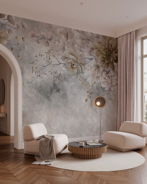 Carta da parati Fiori fantasiosi in stile retrò nell'immagine qui sopra, nei toni del beige e del, Carta da parati Acquerello, w05753 : Uwalls.it