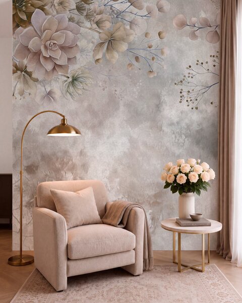 Carta da parati Fiori fantasiosi in stile retrò nell'immagine qui sopra, nei toni del beige e del, Carta da parati Acquerello, w05753 : Uwalls.it