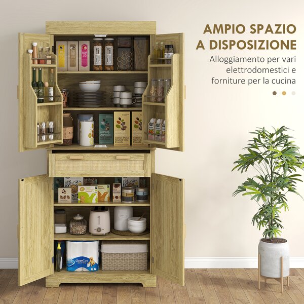 HOMCOM Credenza Cucina Stile Boho con 2 Armadietti, Cassetto e Portaspezie in Legno e Rattan, 76x40x183cm, Rovere