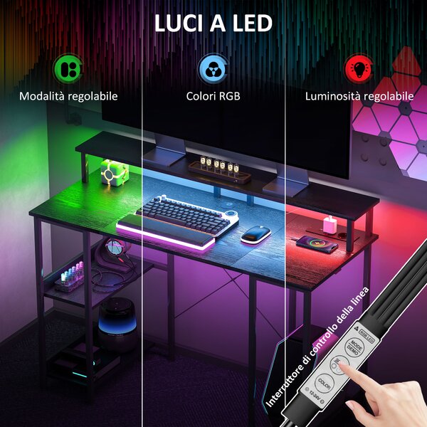 HOMCOM Scrivania per PC Reversibile con Prese Elettriche, Luci, Supporto Monitor e Scaffale, 120x50cm, Nero