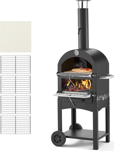 Forno per pizza da esterno - Forno a pellet di legno - Per pizze da 30,5 cm - Doppia parete - Max. 540 °C - Ruote rimovibili (2) - Cottura a legna