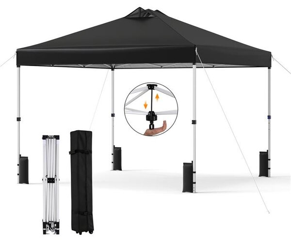 KOMFOTTEU, padiglione da giardino 3x3 metri, con sistema a un pulsante, tetto rivestito in argento, struttura resistente, sacchi di sabbia, picchetti e corde, tenda portatile per picnic e feste (nera)