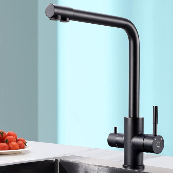 Rubinetto da cucina a tre vie con bocchetta separata per l'acqua filtrata e l'acqua calda/fredda, girevole a 360°, acciaio inossidabile opaco color nero