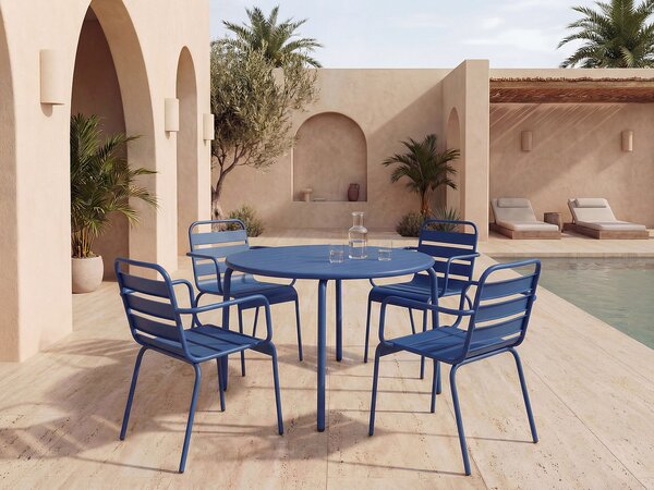 Sala da pranzo da giardino 1 tavolo + 4 poltrone impilabili D.110 cm in Metallo Blu notte - MIRMANDE