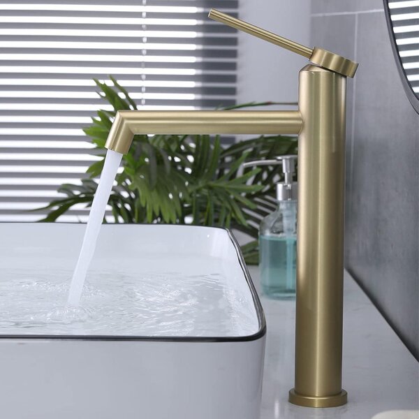 Rubinetto monocomando per lavabo da appoggio, in acciaio inossidabile con finitura dorata spazzolata