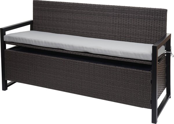 Panca da giardino in rattan sintetico, modello HWC-F39, con vano contenitore, lunghezza 164 cm, colore grigio, cuscini grigi