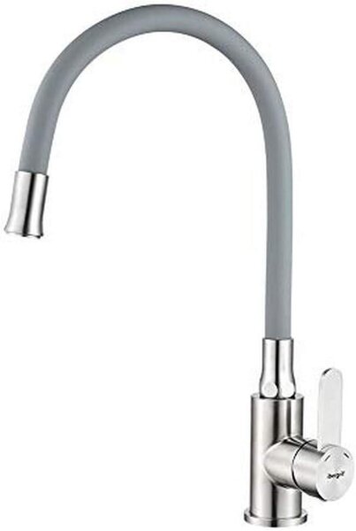 Rubinetto da cucina grigio in acciaio inossidabile spazzolato, con bocchetta girevole a 360° e tubo flessibile in silicone