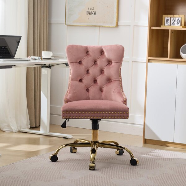 Sedia da ufficio, rivestita in velluto, con cuciture a bottone, base in metallo, regolabile in altezza, girevole (rosa)