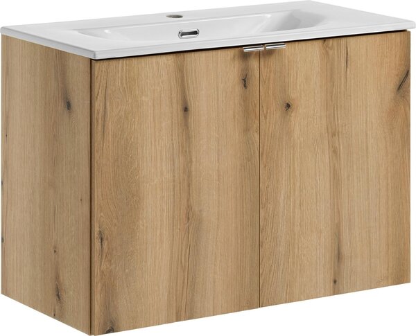 Mobile Bagno 80 Cm Con Lavabo In Vetroceramica E Frontali In Rovere