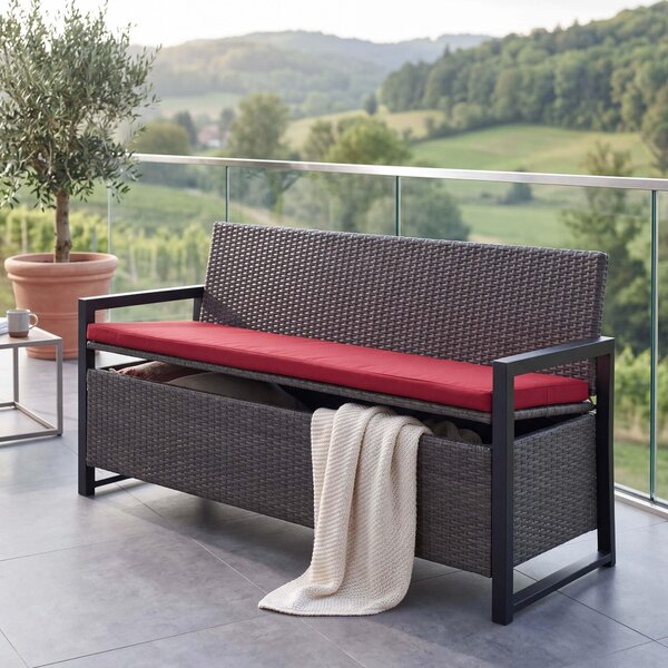 Panca da giardino in rattan sintetico, modello HWC-F39, con spazio contenitore, lunghezza 164 cm, colore grigio, cuscini bordeaux