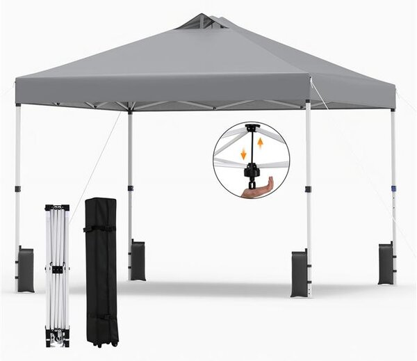 KOMFOTTEU, padiglione da giardino 3x3 metri, con sistema a un pulsante, tetto rivestito in argento, struttura resistente, sacchi di sabbia, picchetti e corde, tenda portatile per picnic e feste (grigio)