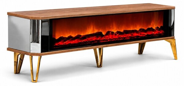 Mobile TV a basso, camino elettrico, arredamento per camino, design moderno, colore antracite e argento, mobile TV