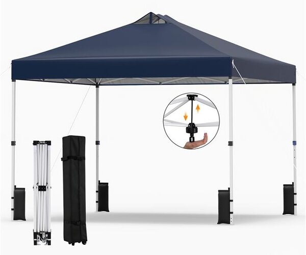 KOMFOTTEU, padiglione da giardino 3x3 metri, con sistema a un pulsante, tetto rivestito in argento, struttura resistente, sacchi di sabbia, picchetti e corde. Tenda portatile per picnic e feste (blu)