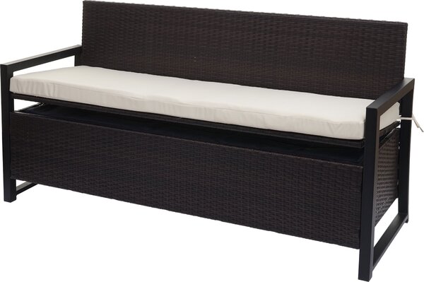 Panca da giardino in rattan sintetico, modello HWC-F39, con vano contenitore, lunghezza 164 cm, colore marrone, cuscini color crema