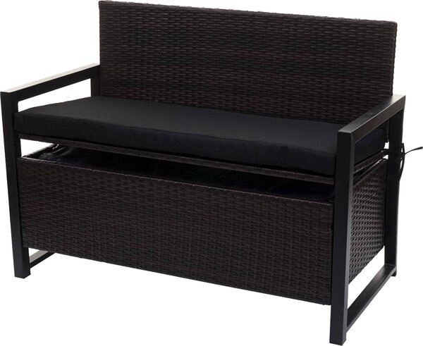 Panca da giardino Poly-Rattan, modello MCW-F39, con spazio contenitore, colore marrone, dimensioni 117 cm, cuscini neri