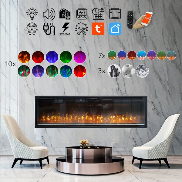 Camino elettrico da parete ElectricSun VERSALYS medio, a pavimento o incorporabile, con suono, 10 colori, con l’app, L153xH41cm
