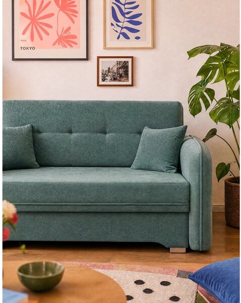 Divano verde allungabile/con contenitore e rivestimento in ciniglia 155 cm Laine – ELTAP
