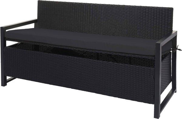 Panca da giardino Poly-Rattan, modello MCW-F39, con spazio contenitore, lunghezza 164 cm, colore antracite, cuscini neri