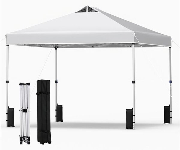 KOMFOTTEU, padiglione da giardino 3x3 metri, con sistema a un pulsante, tetto rivestito in argento, struttura resistente, sacchi di sabbia, picchetti e corde, tenda portatile per picnic e feste (bianco)