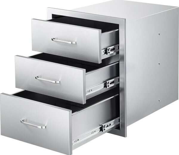 Cassetti per barbecue cucina all'aperto - Tripli cassetti da incasso - Acciaio inox - Dimensioni 46 x 59 x 59 cm (L x P x A) - Con maniglie - Per isola barbecue
