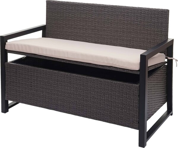 Panca da giardino in rattan sintetico, modello HWC-F39, con spazio contenitore, colore grigio, dimensioni 117 cm, cuscini beige
