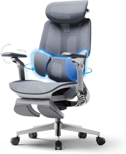 Sedia da ufficio ergonomica con schienale a rete, supporto lombare regolabile in tre posizioni, poggiatesta 4D e braccioli girevoli a 720°, colore bianco