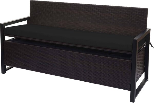 Panca da giardino in rattan sintetico, modello HWC-F39, con vano contenitore, lunghezza 164 cm, colore marrone, cuscini neri