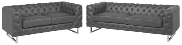 Set di divani in stile Chesterfield a 3 + 2 posti con braccioli da smoking neri con bottoni sul retro gambe argentate in ecopelle Beliani