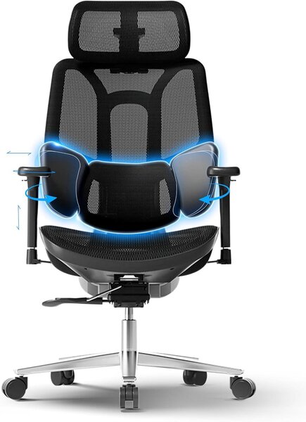 Sedia da ufficio ergonomica con supporto lombare a 3 zone, poggiatesta 3D e braccioli 3D, colore nero
