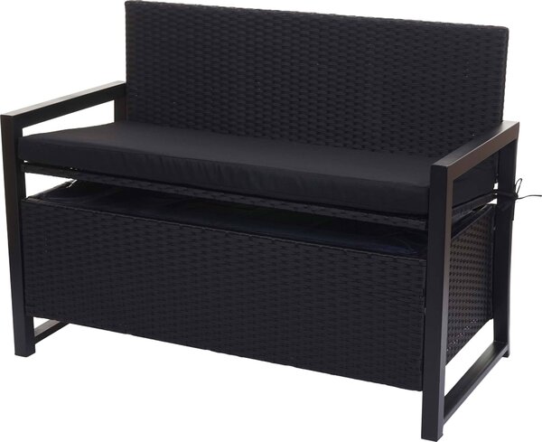 Panca da giardino in rattan sintetico, modello HWC-F39, con spazio contenitore, colore antracite, dimensioni 117 cm, cuscini neri