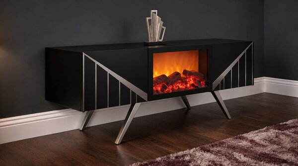 Mobile TV a basso, camino elettrico, mobile contenitore, arredamento per camino, design moderno, colore nero