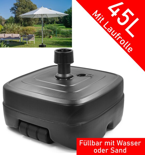 Supporto per ombrellone su rotelle nero 45 L Supporto per ombrellone Supporto per ombrellone - Per ombrelloni fino a 300 cm - Può essere riempito con sabbia o acqua - Per una stabilità ottimale