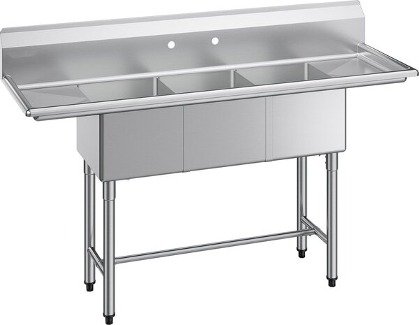 Lavello per la ristorazione - Lavello in acciaio inox con 3 vasche - Con 2 sgocciolatoi - Con paraspruzzi - Dimensioni 167,8 x 55,8 x 109,7 cm - Per ristoranti e furgoncini ambulanti - Argento