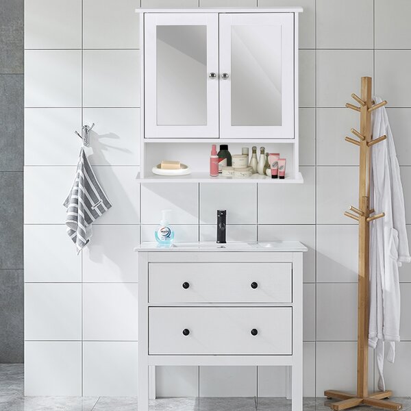 Costway Armadietto a specchio da parete con doppia ante da bagno a 3 ripiani 56,5x13,5x58,5cm Bianco