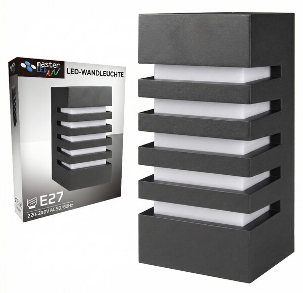 MasterLED Lampada da parete per esterni E27 IP54 Nera Griglia Lampada da parete Alluminio Rettangolare Lamelle Design Antiabbagliante Lampada da facciata RAL 9005