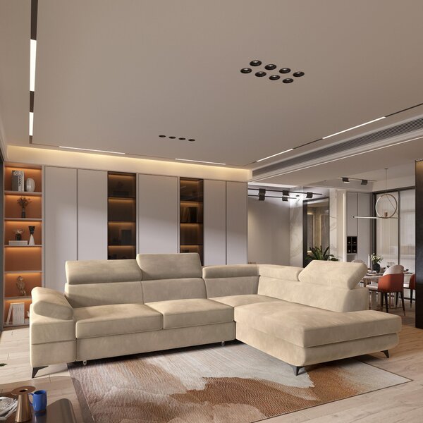 Divano angolare FAVIEN R-S di Masseno con funzione letto a L, divano con box letto, divano da soggiorno, divano, divano letto, set divano crema, MONOLITH 04