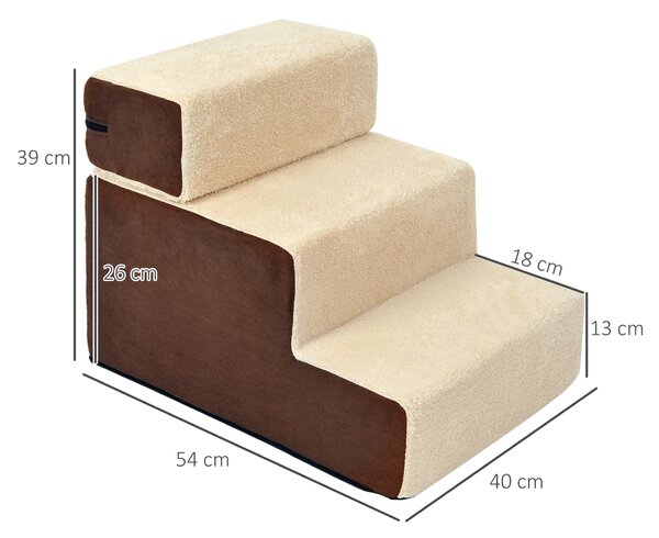 PawHut Scala per Cani e Cuccioli | 3 Gradini Rimovibili e Antiscivolo | Per Divano o Letto | Beige e Marrone | 54x40x39cm|Aosom