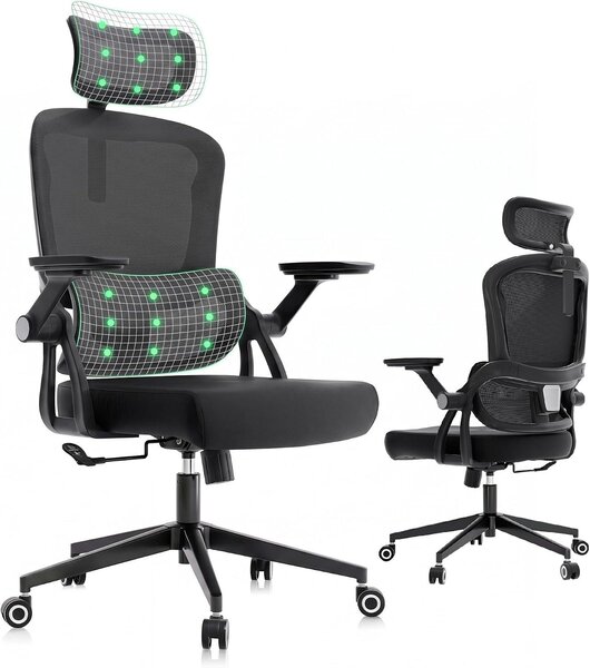 Sedia da ufficio ergonomica con supporto lombare, braccioli pieghevoli, regolazione dell'altezza e rotazione a 360°