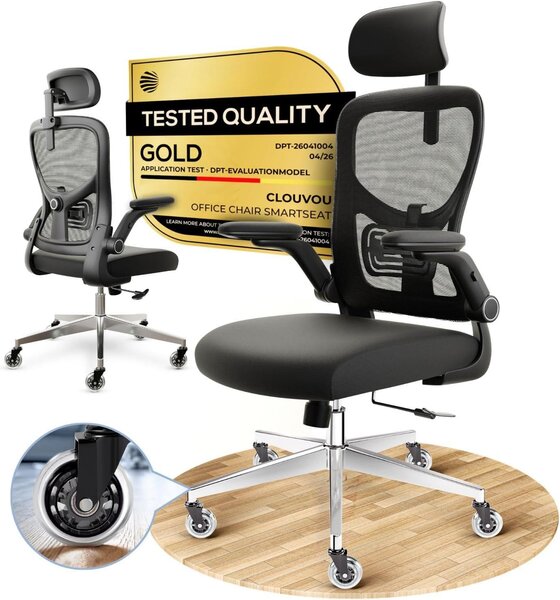 Sedia da ufficio ergonomica con rivestimento in rete, funzione di inclinazione fino a 135° e braccioli ripiegabili, con una capacità di carico fino a 150 kg