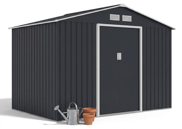Relaxdays, capanno per attrezzi, dimensioni: altezza x larghezza x profondità: 193 x 277 x 195 cm, metallo, con base, porte scorrevoli, tetto a falde, capanno per utensili, colore grigio/bianco