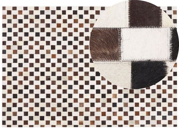 Tappeto tappetino Pelle Bovina Marrone e Beige 160 x 230 cm Motivo Geometrico Patchwork Beliani